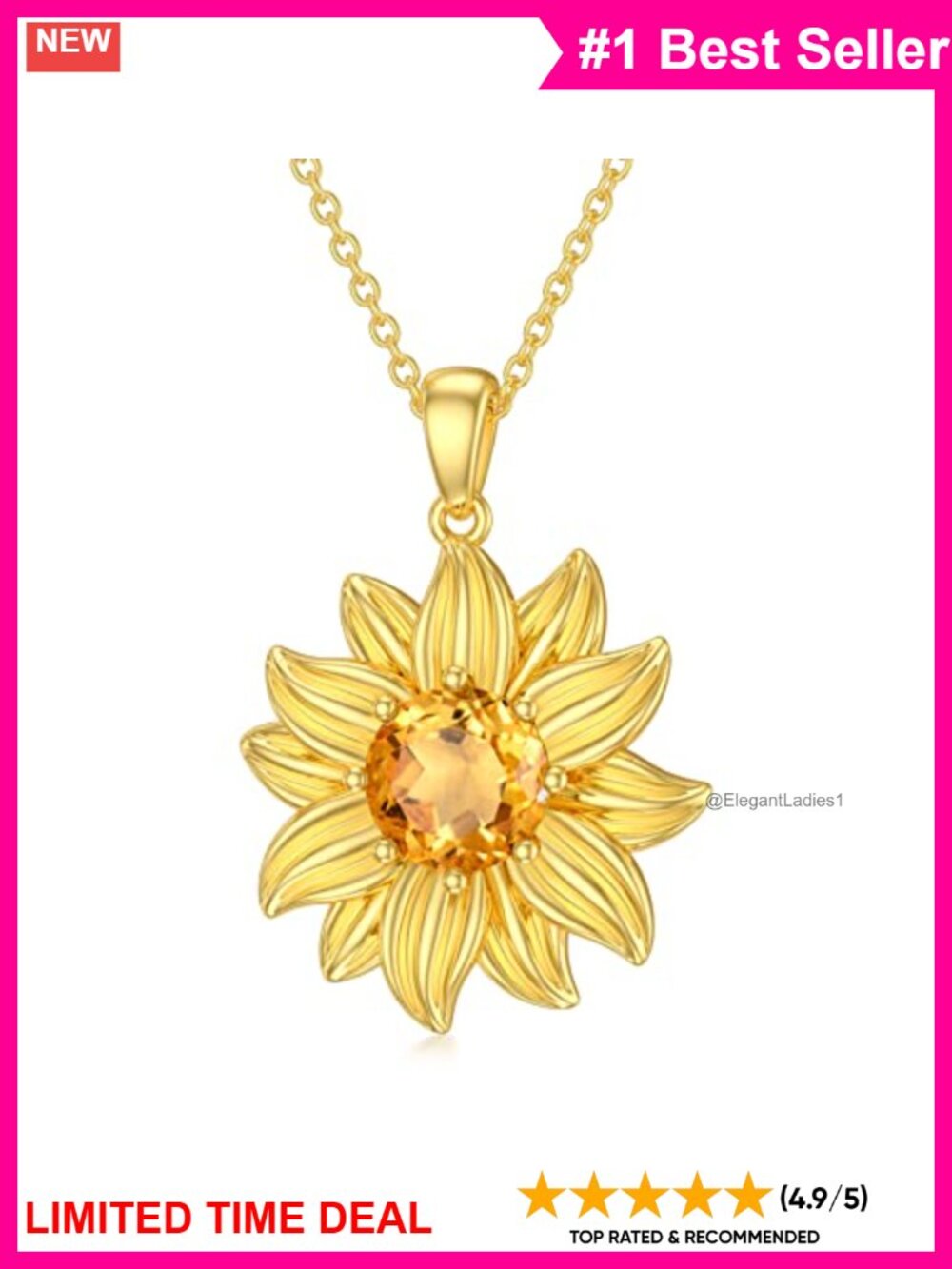 Citrine Sunflower Pendant Necklace 18K Gold Plated 925 Sterling Silver 18in